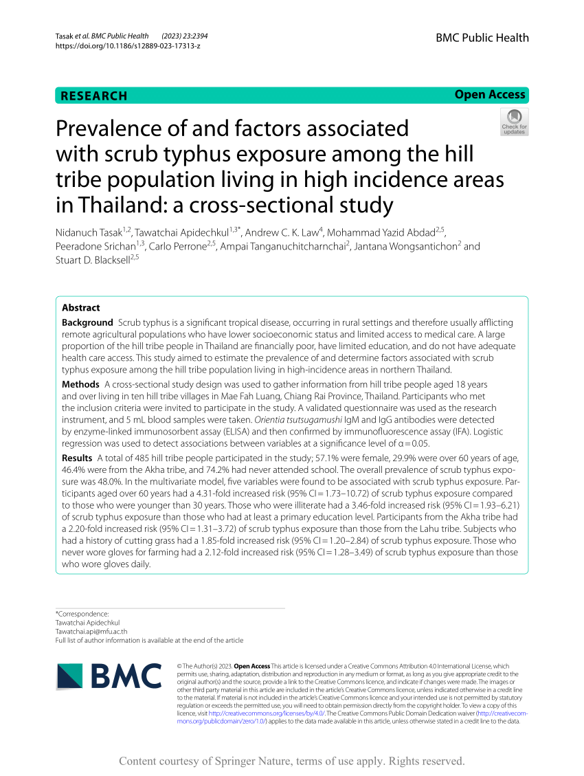PDF) Prevalence of and factors associated with scrub typhus exposure among  the hill tribe population living in high incidence areas in Thailand: a  cross-sectional study