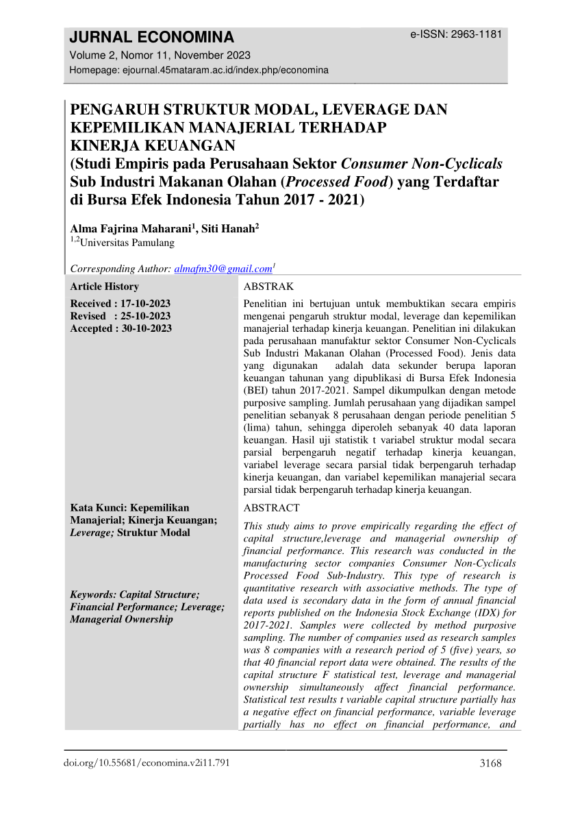 Pdf Pengaruh Struktur Modal Leverage Dan Kepemilikan Manajerial Terhadap Kinerja Keuangan 2988