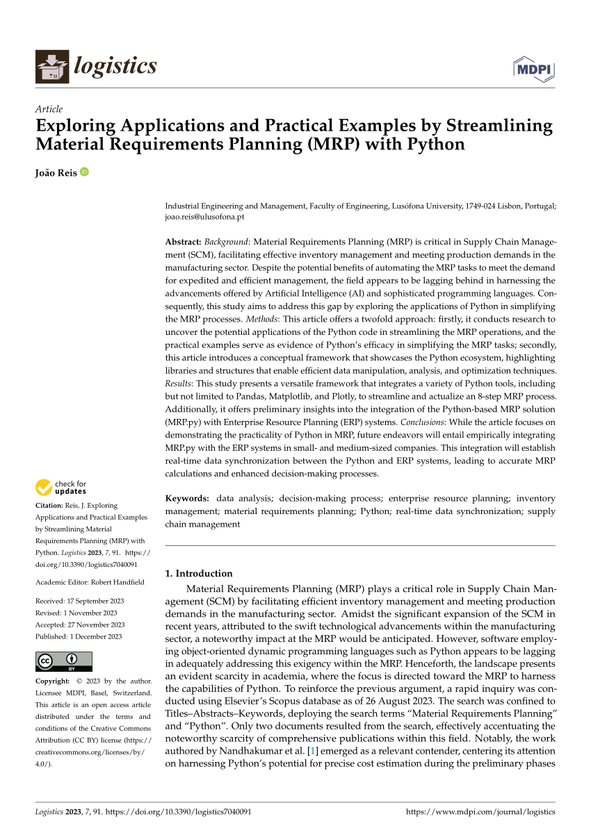 PDF) Exploring Applications and Practical Examples by Streamlining Material  Requirements Planning (MRP) with Python