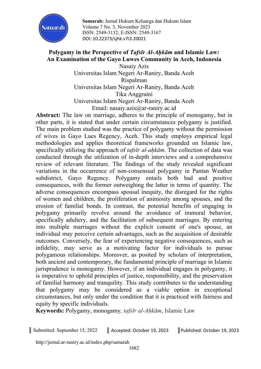 Pdf Polygamy In The Perspective Of Tafsīr Al Aḥkām And Islamic Law An Examination Of The Gayo 9464