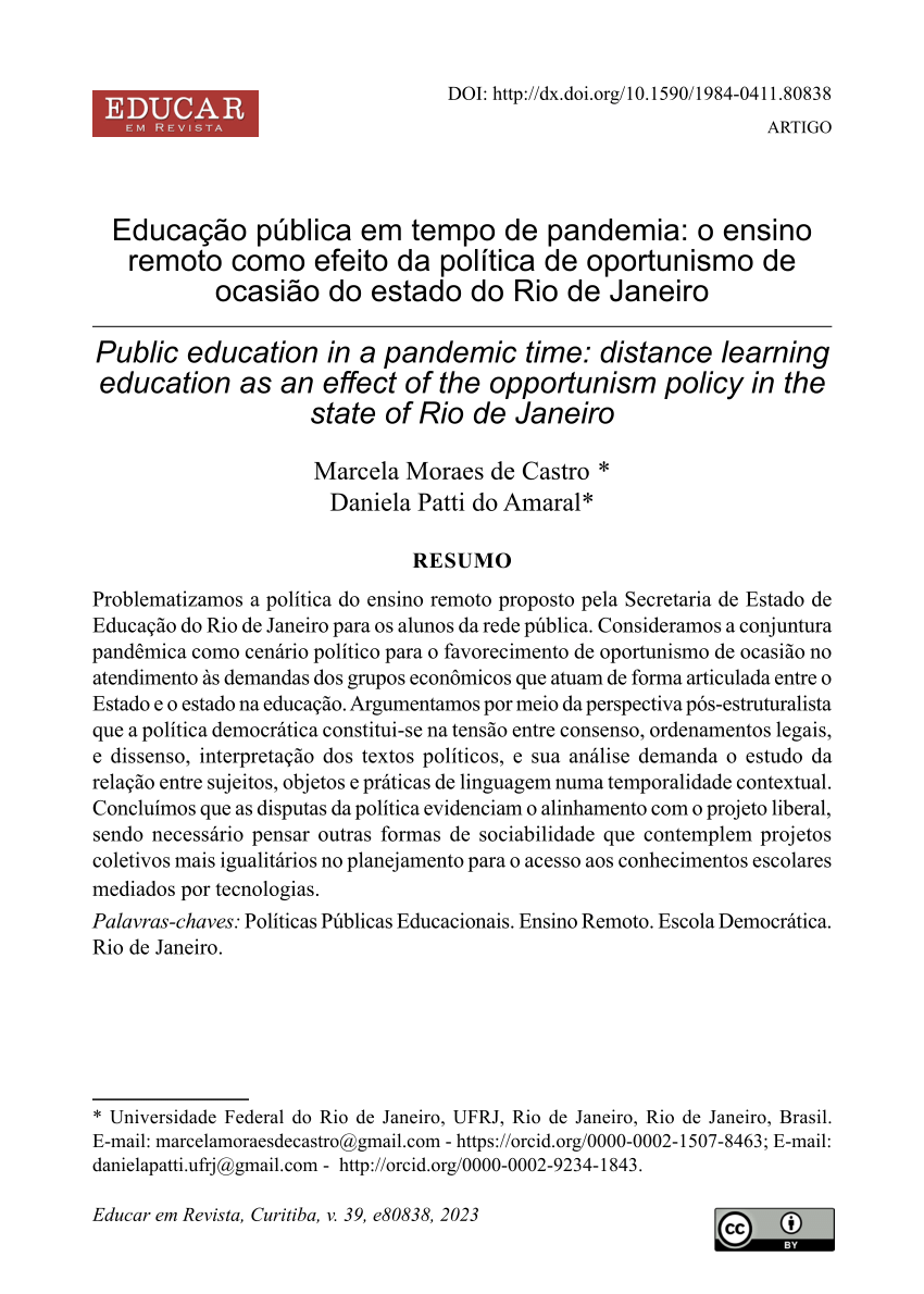 PDF) Avaliação do uso da educação a distância e do ensino remoto no ensino  médio nos Institutos Federais da região sudeste antes e durante a pandemia  por Covid-19