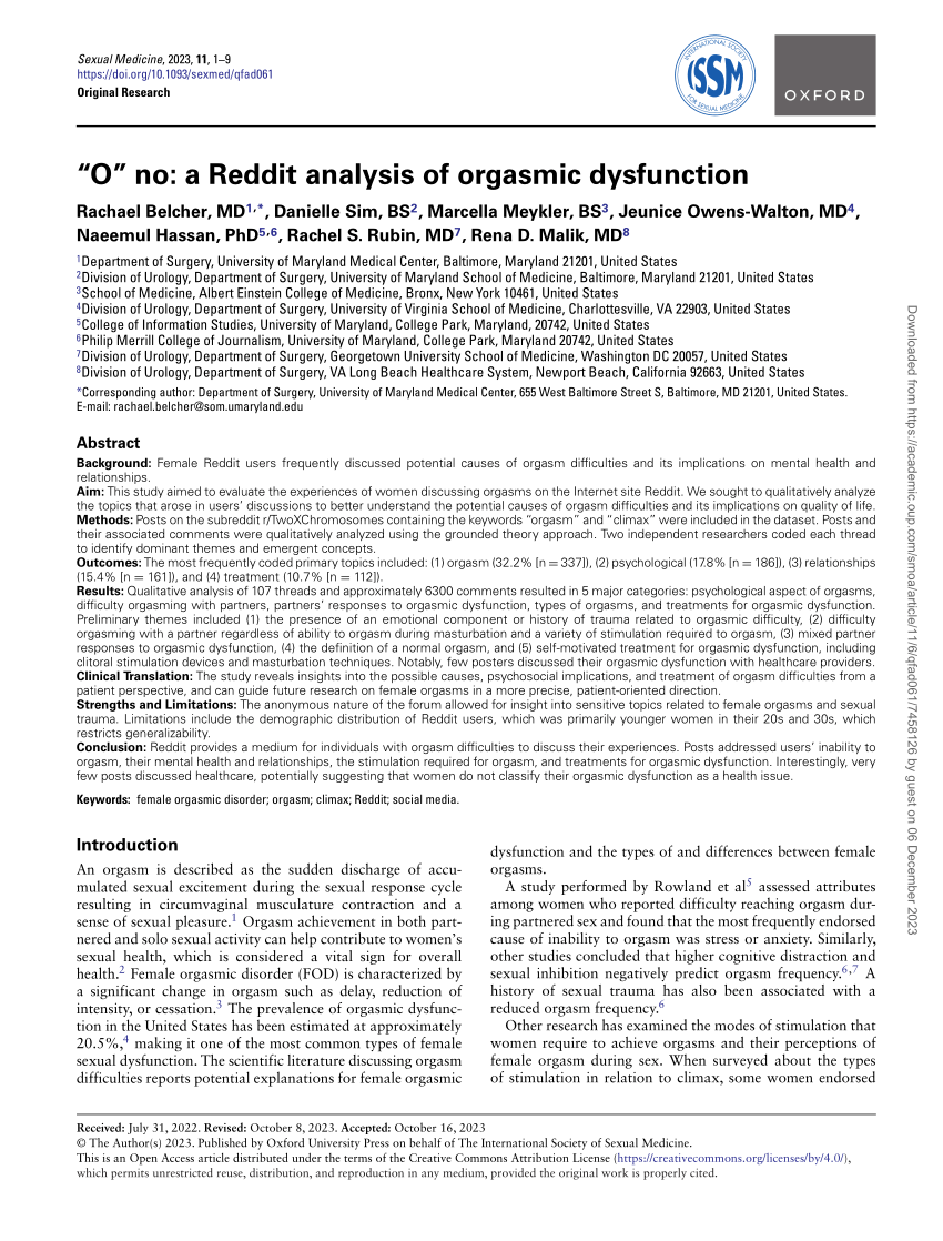 PDF O no a Reddit analysis of orgasmic dysfunction