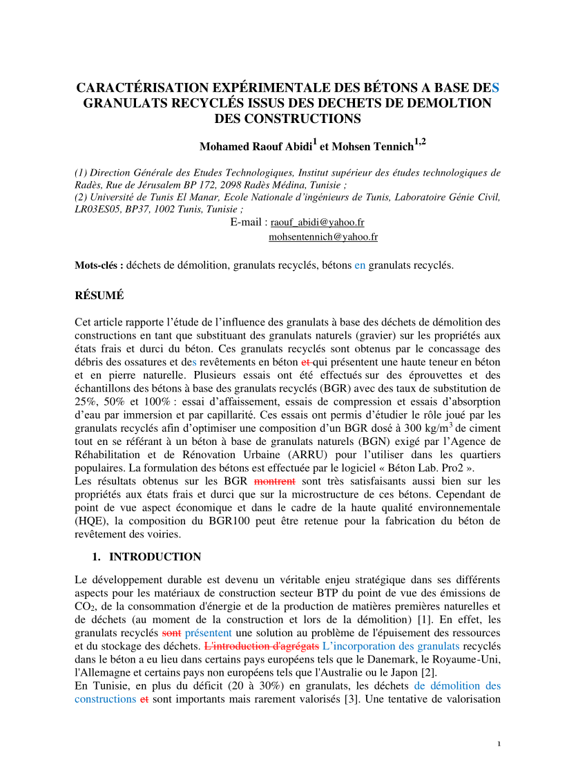 Pdf Caract Risation Exp Rimentale Des B Tons A Base Des Granulats Recycl S Issus Des Dechets