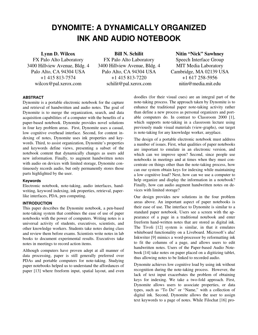 Pdf Dynomite A Dynamically Organized Ink And Audio Notebook