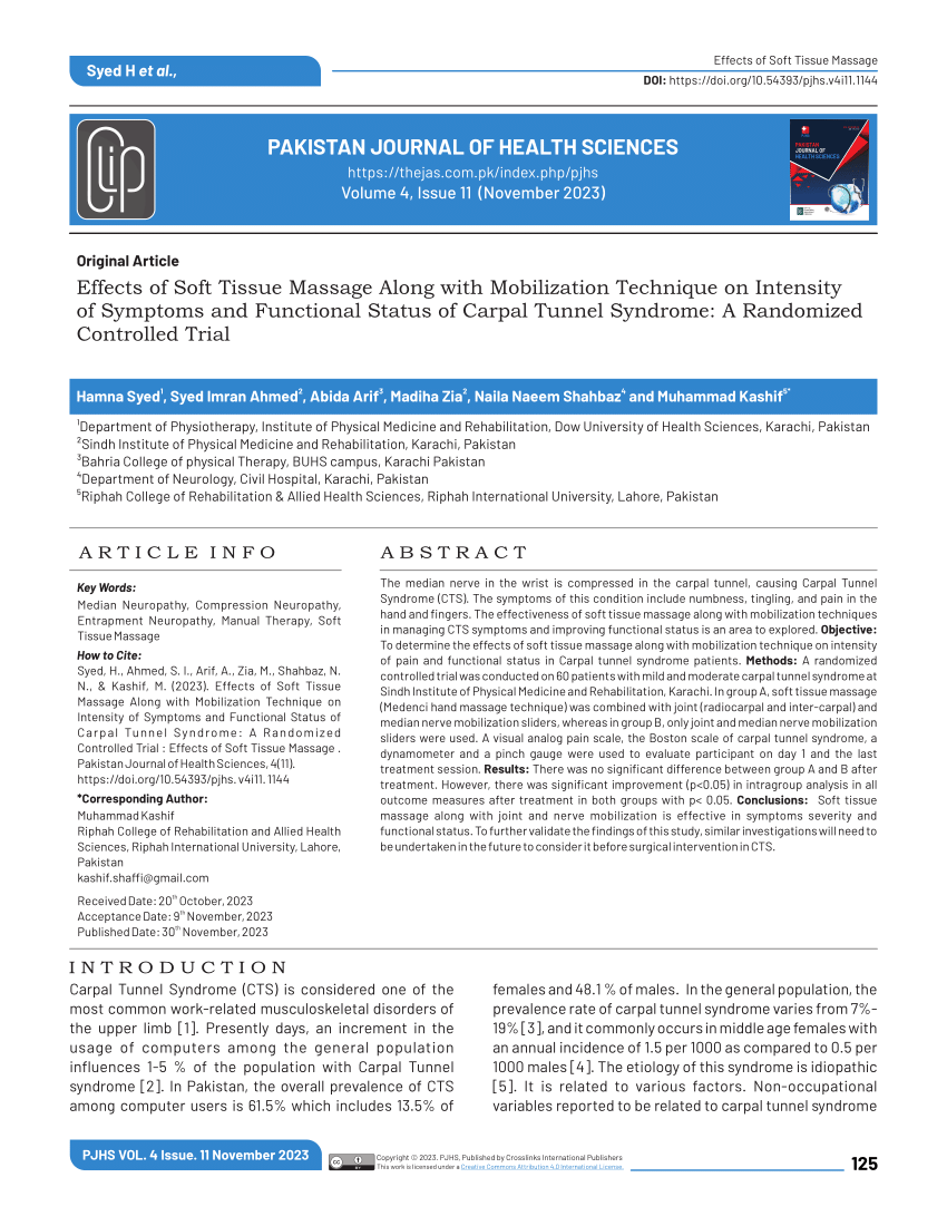 PDF) Effects of Soft Tissue Massage Along with Mobilization Technique on  Intensity of Symptoms and Functional Status of Carpal Tunnel Syndrome: A  Randomized Controlled Trial: Effects of Soft Tissue Massage
