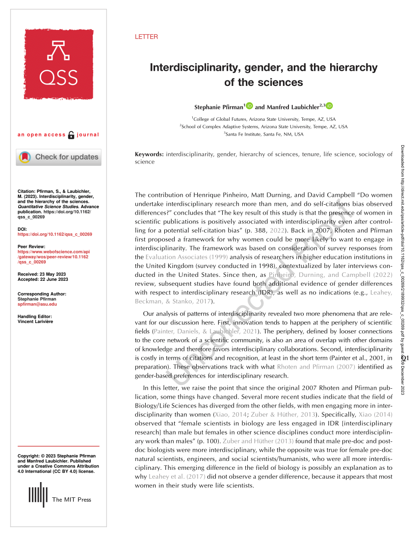 Pdf Interdisciplinarity Gender And The Hierarchy Of The Sciences