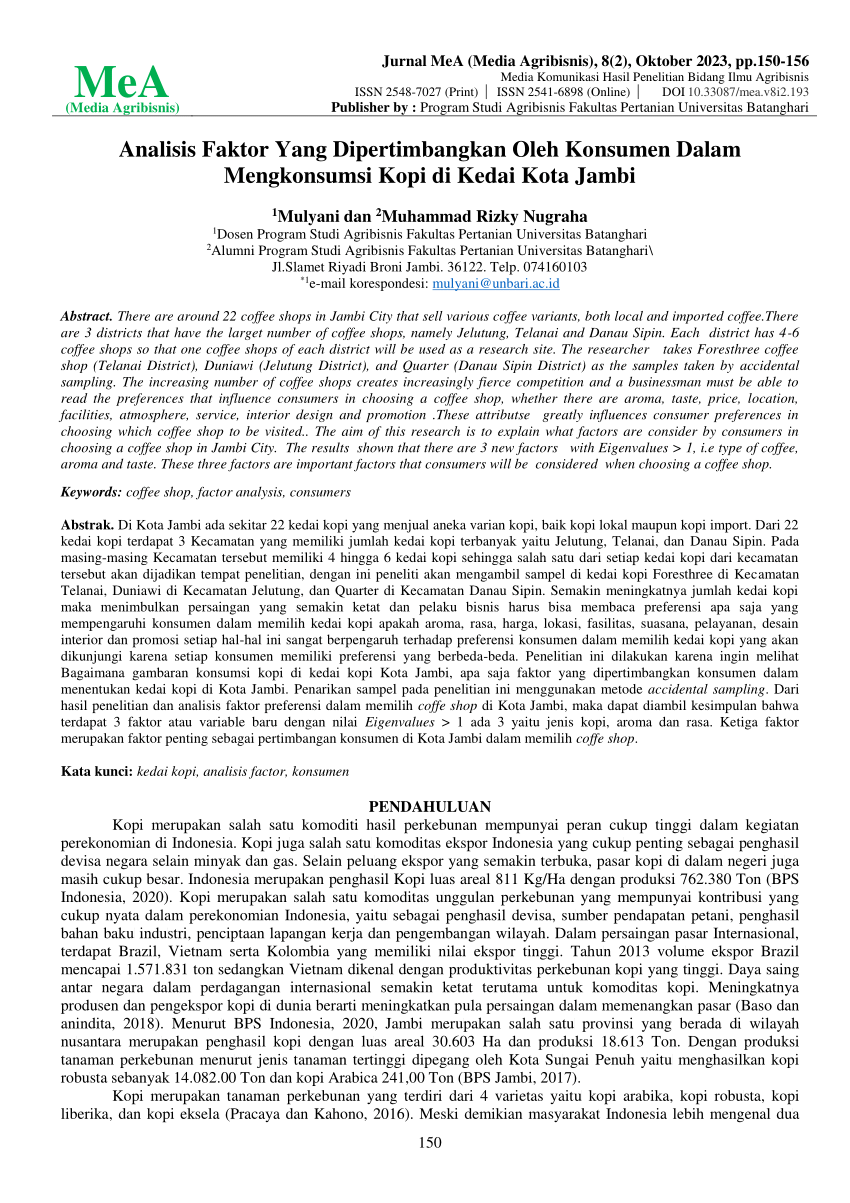 Pdf Analisis Faktor Yang Dipertimbangkan Oleh Konsumen Dalam Mengkonsumsi Kopi Di Kedai Kota Jambi 0860