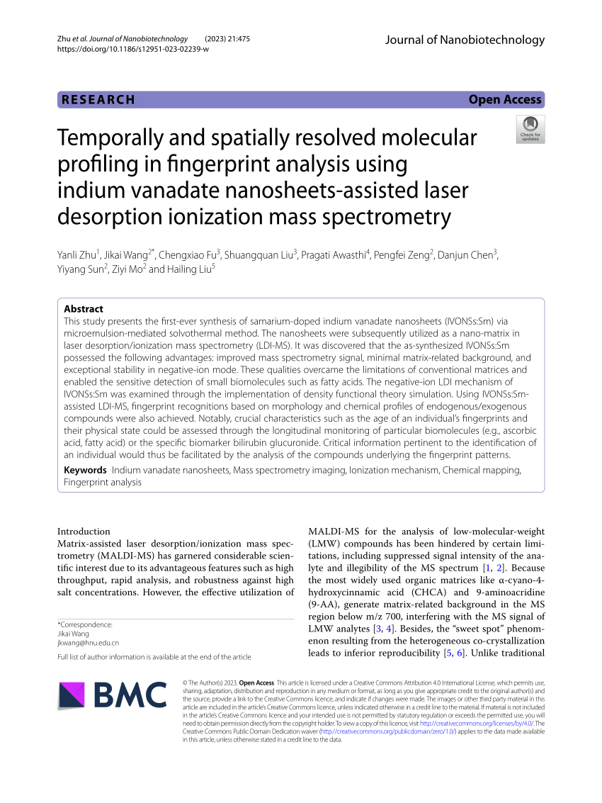 PDF) Temporally and spatially resolved molecular profiling in fingerprint  analysis using indium vanadate nanosheets-assisted laser desorption  ionization mass spectrometry