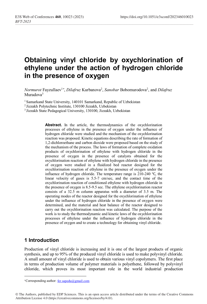 (PDF) Obtaining vinyl chloride by oxychlorination of ethylene under the ...