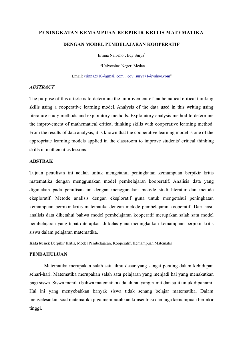 Pdf Peningkatan Kemampuan Berpikir Kritis Matematika Dengan Model