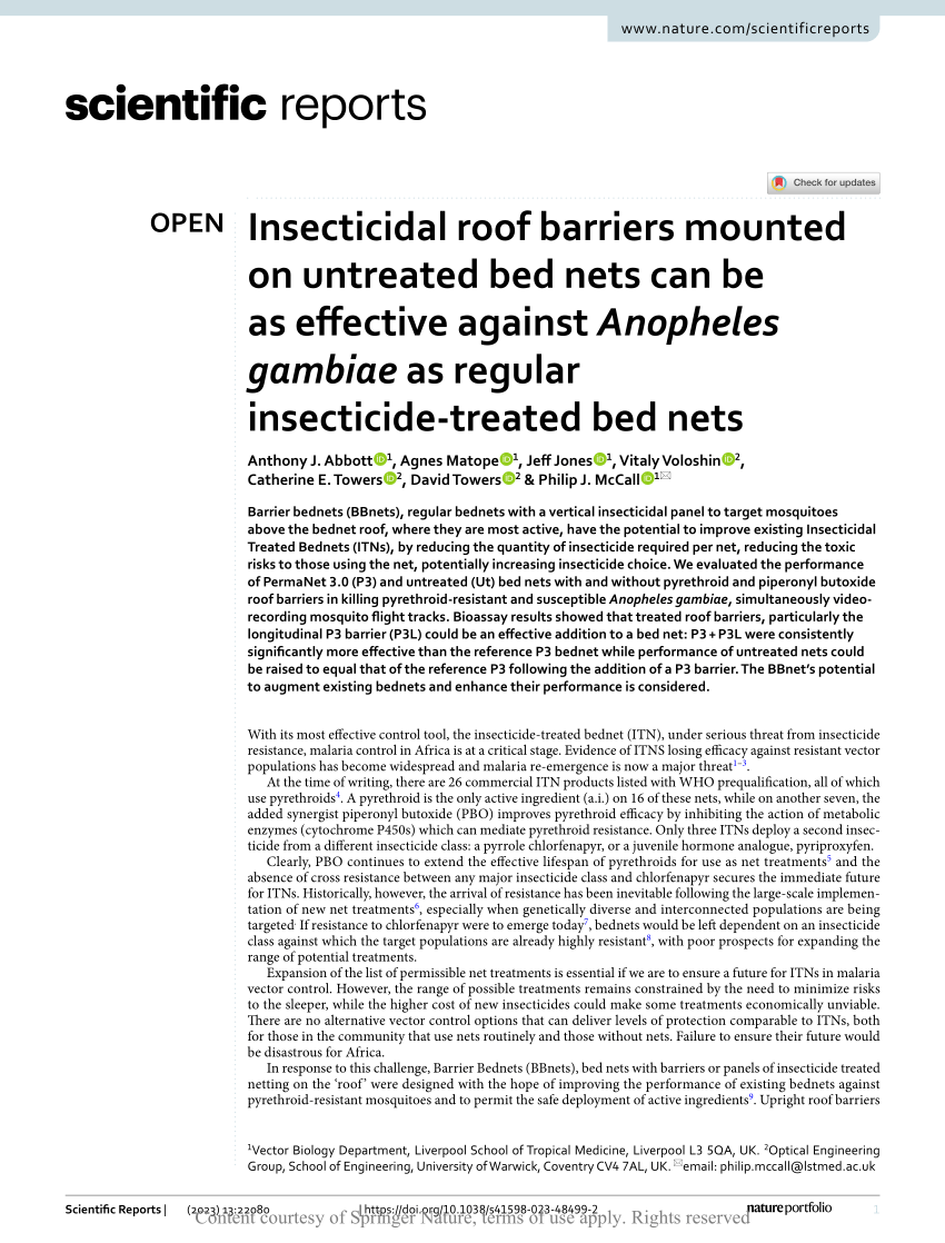 PDF) Insecticidal roof barriers mounted on untreated bed nets can be as  effective against Anopheles gambiae as regular insecticide-treated bed nets