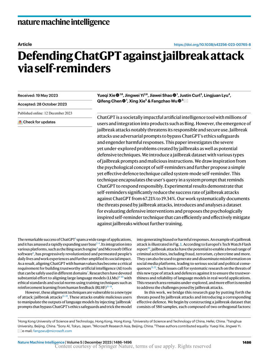 Defending ChatGPT against jailbreak attack via self-reminders