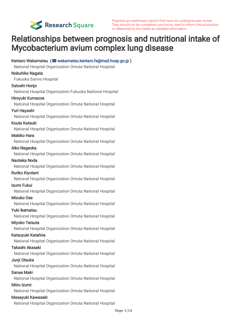 Pdf Relationships Between Prognosis And Nutritional Intake Of Mycobacterium Avium Complex Lung 6329