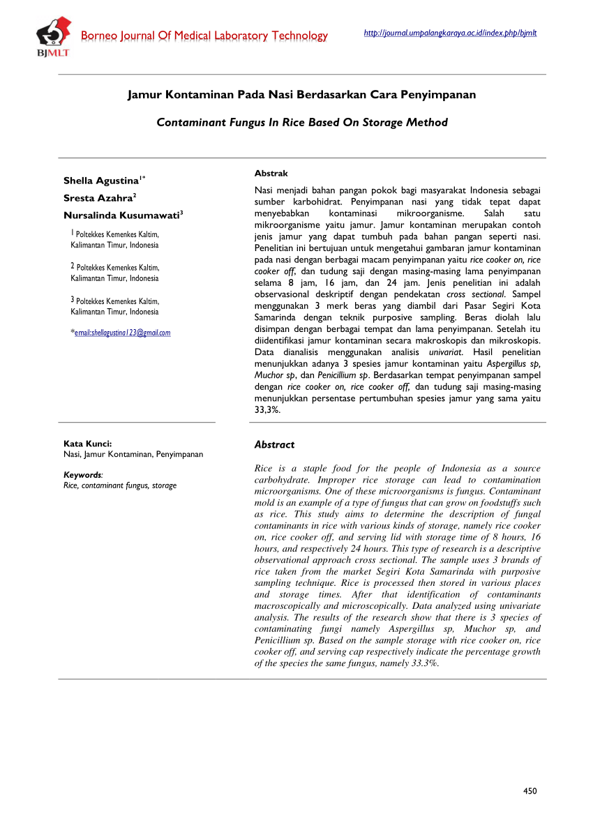 Pdf Jamur Kontaminan Pada Nasi Berdasarkan Cara Penyimpanan