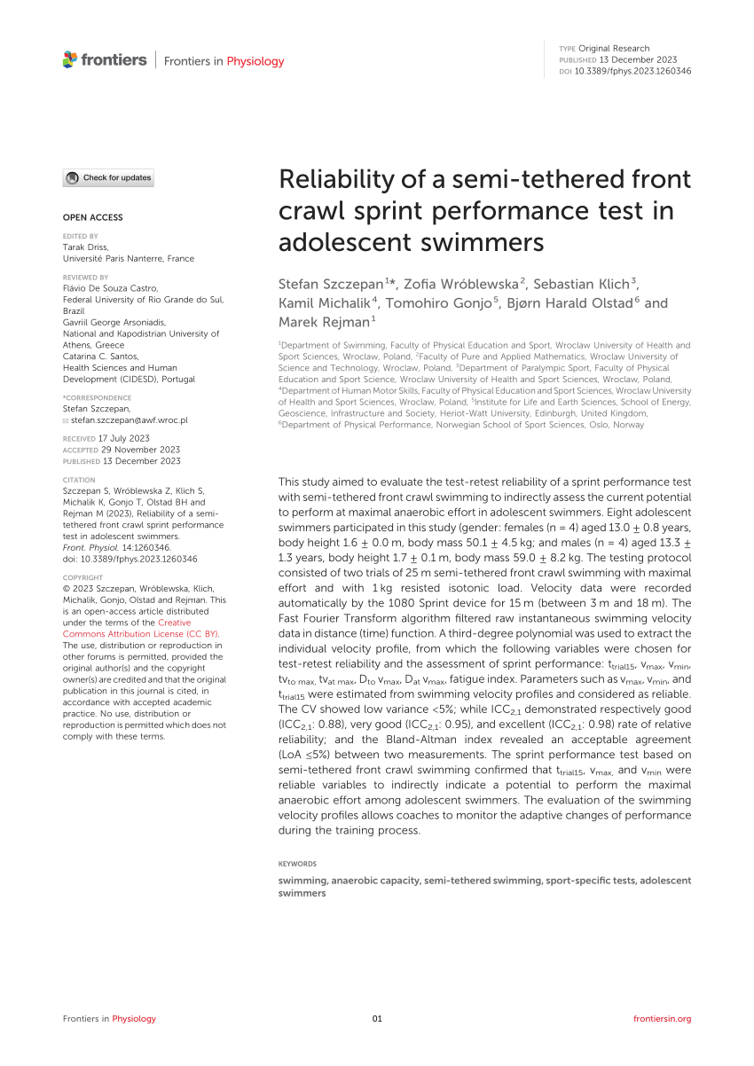 PDF) Reliability of a semi-tethered front crawl sprint performance 