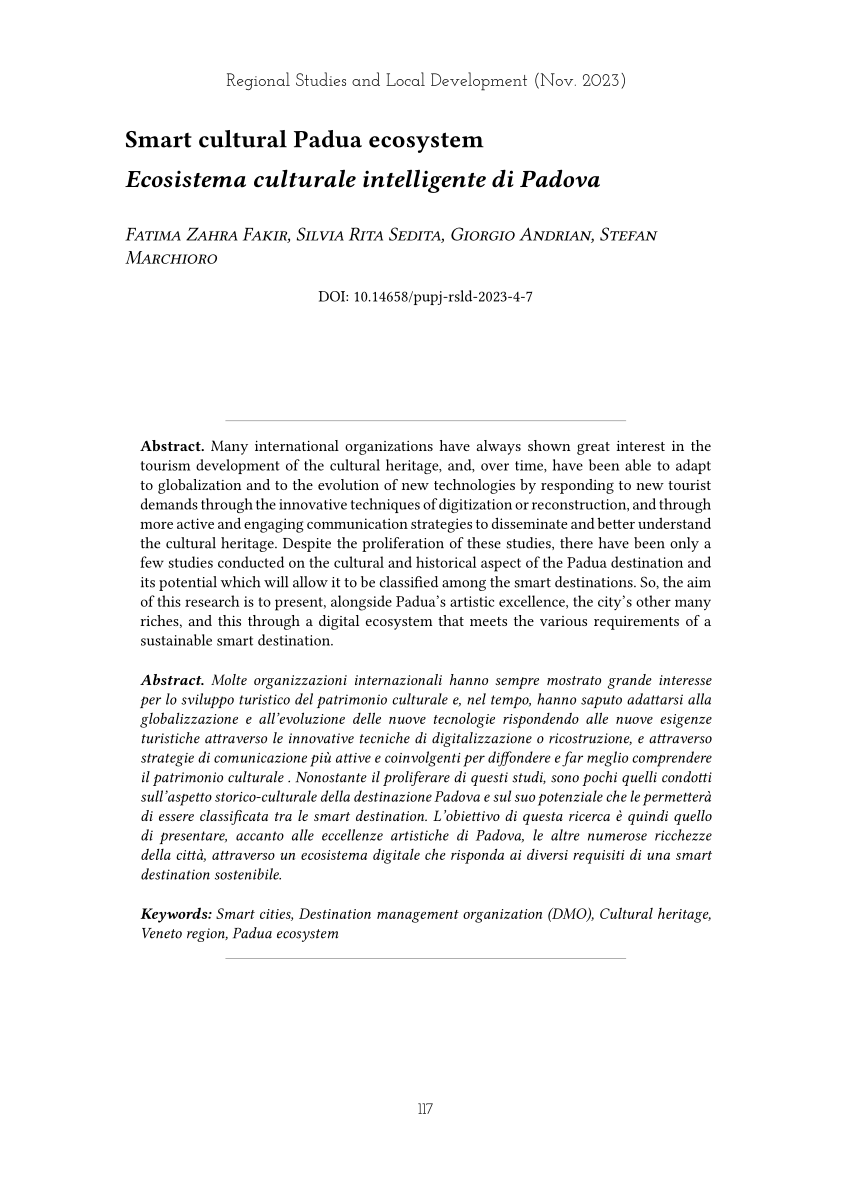 PDF) Regional Studies and Local Development (Nov. 2023) Smart cultural  Padua ecosystem Ecosistema culturale intelligente di Padova