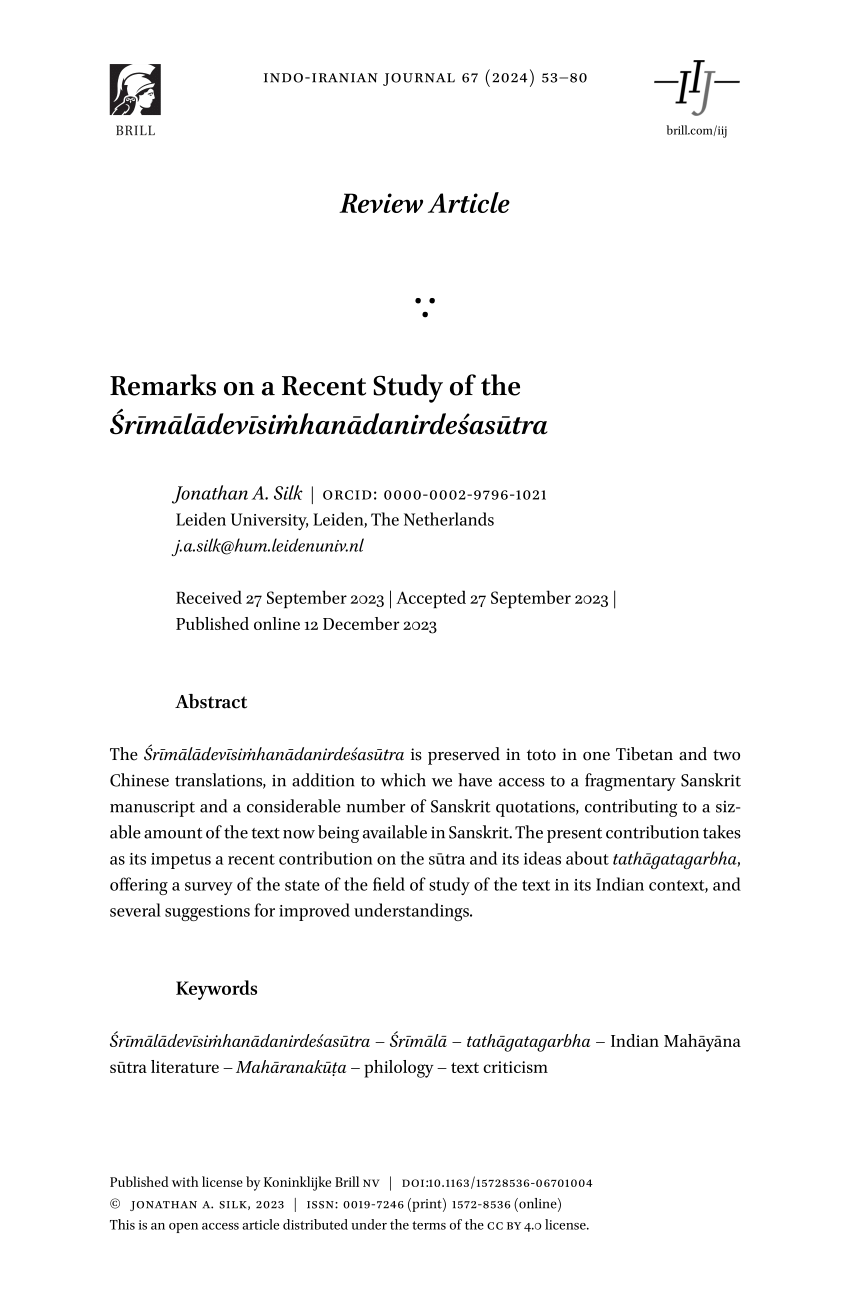 PDF) Remarks on a Recent Study of the Śrīmālādevīsiṁhanādanirdeśasūtra