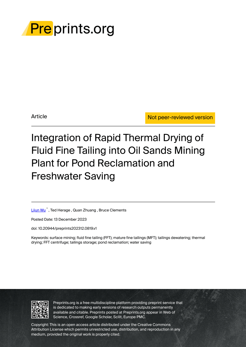 (PDF) Integration of Rapid Thermal Drying of Fluid Fine Tailing into ...