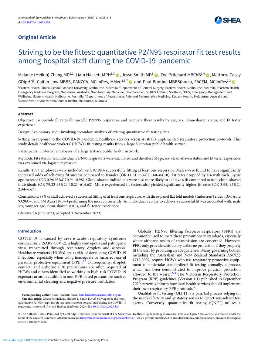 PDF Striving To Be The Fittest Quantitative P N Respirator Fit Test Results Among Hospital