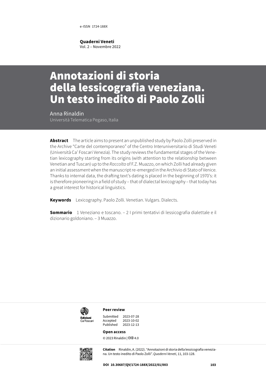PDF) Annotazioni di storia della lessicografia veneziana. Un testo inedito  di Paolo Zolli