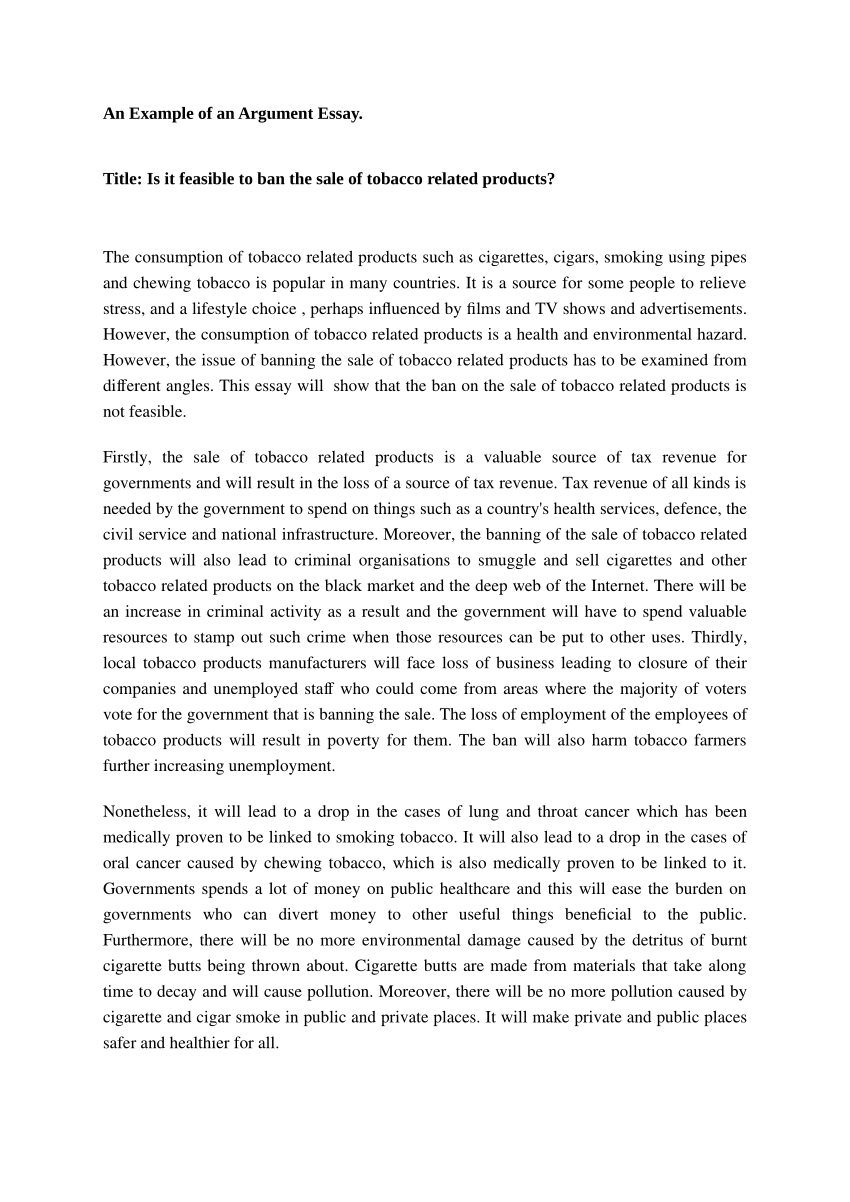 PDF An Example of an Argument Essay. Title Is it feasible to ban