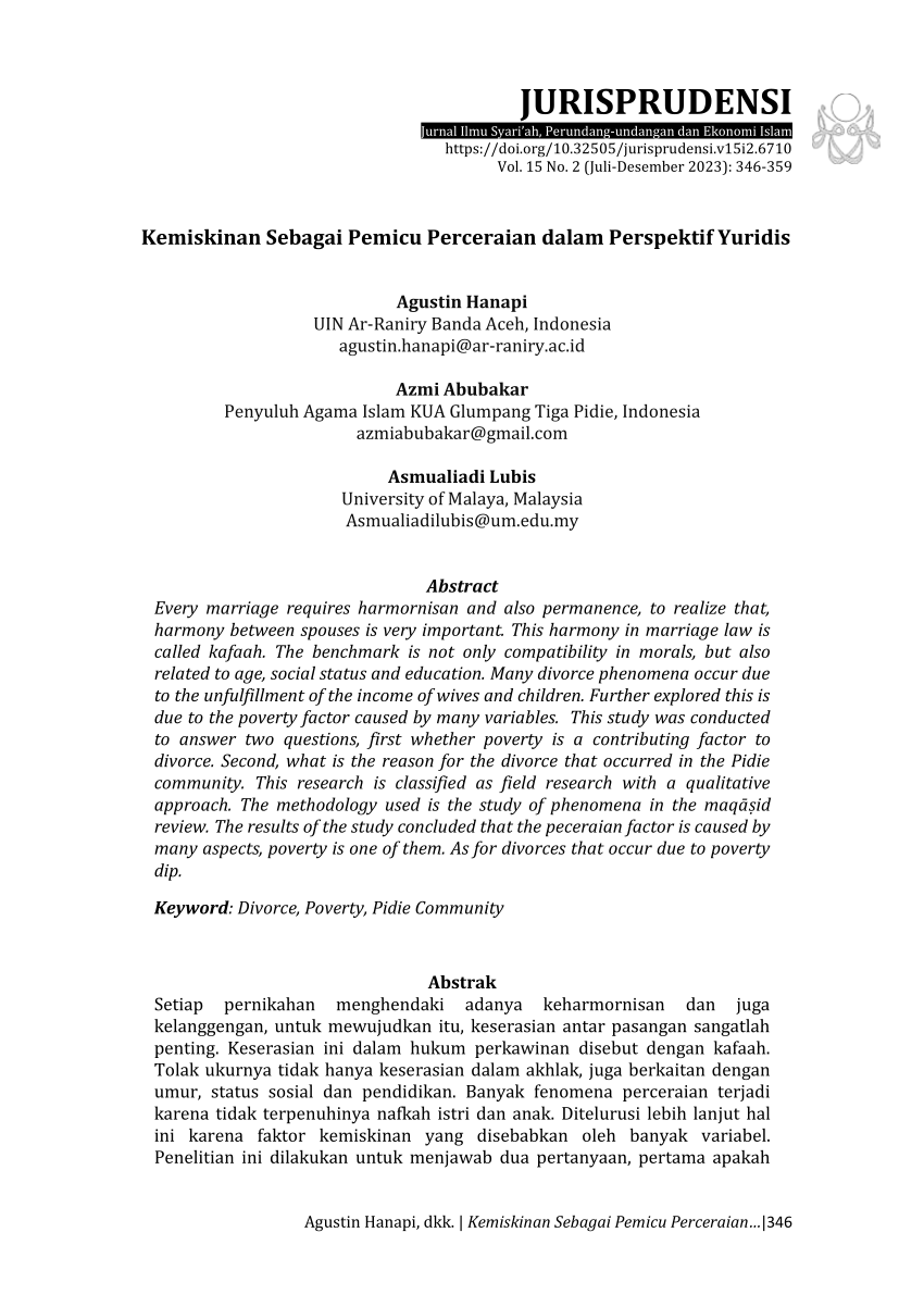 Pdf Kemiskinan Sebagai Pemicu Perceraian Dalam Perspektif Yuridis