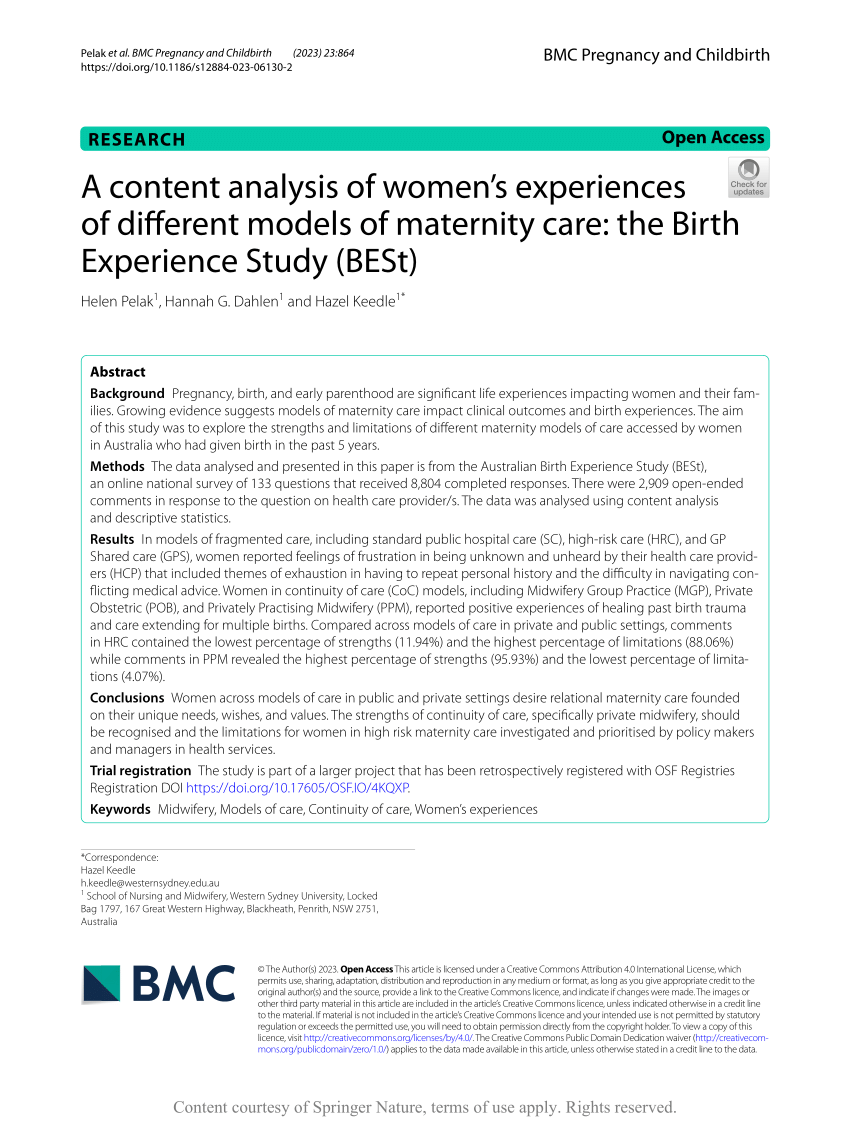 Pdf A Content Analysis Of Womens Experiences Of Different Models Of Maternity Care The Birth 0507