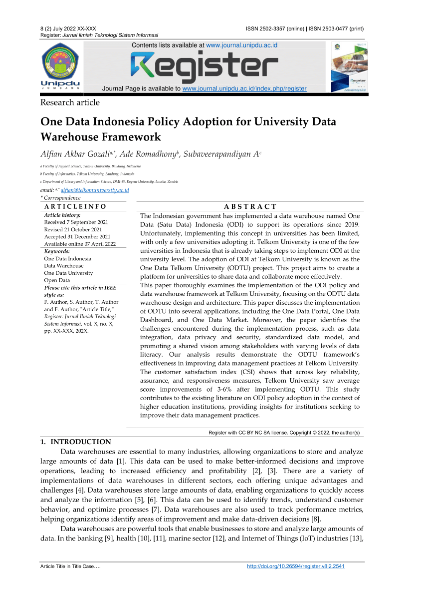 PDF) One Data Indonesia Policy Adoption for University Data Warehouse  Framework