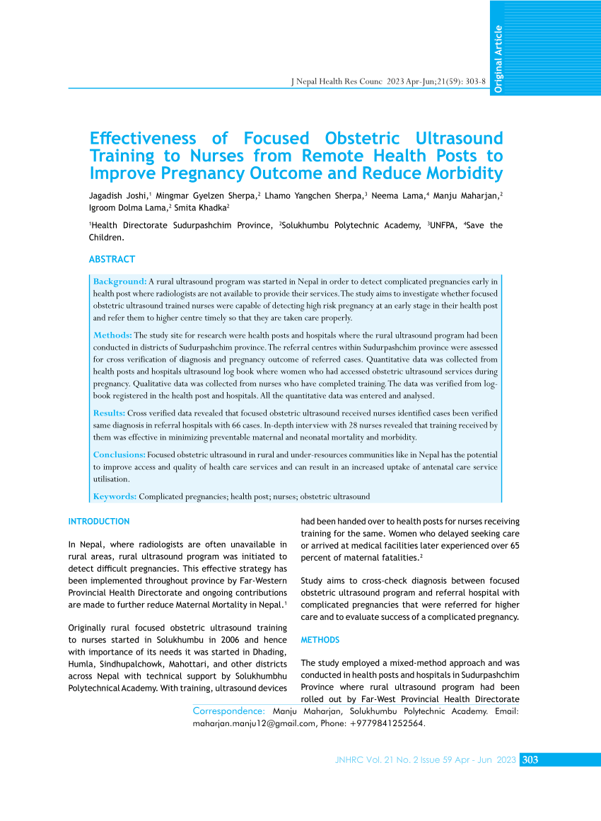 PDF) Effectiveness of Focused Obstetric Ultrasound Training to Nurses from  Remote Health Posts to Improve Pregnancy Outcome and Reduce Morbidity