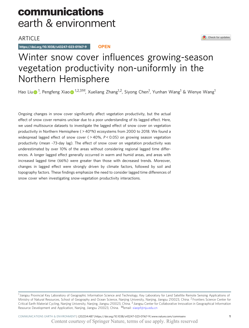 PDF) Winter snow cover influences growing-season vegetation productivity  non-uniformly in the Northern Hemisphere