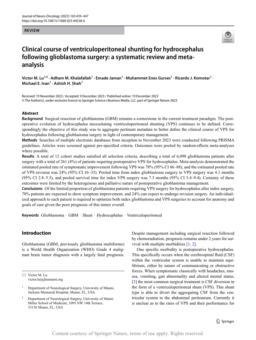 Clinical Course Of Ventriculoperitoneal Shunting For Hydrocephalus Following Glioblastoma 1533