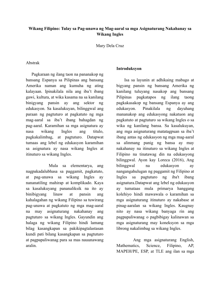 Pdf Wikang Filipino Tulay Sa Pag Unawa Ng Mag Aaral Sa Mga Asignaturang Nakahanay Sa Wikang 1021