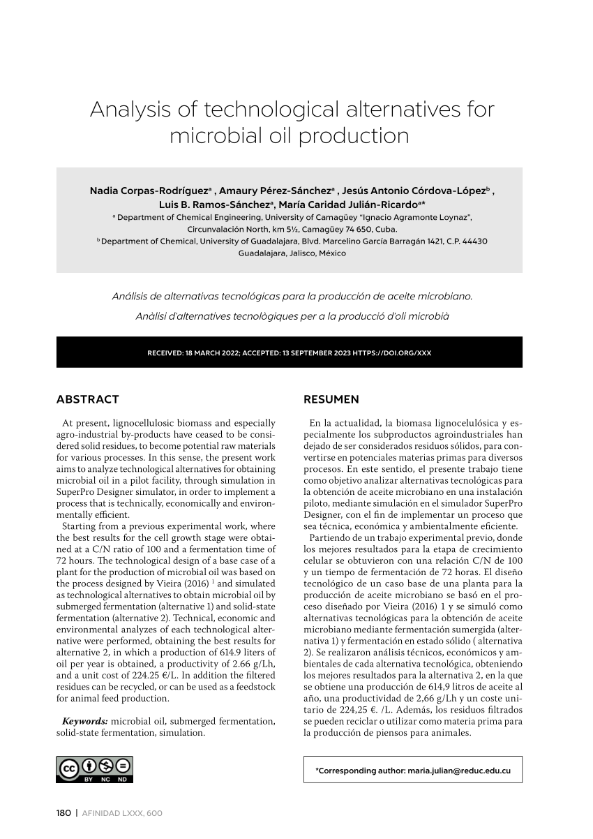 PDF) Analysis of technological alternatives for microbial oil production