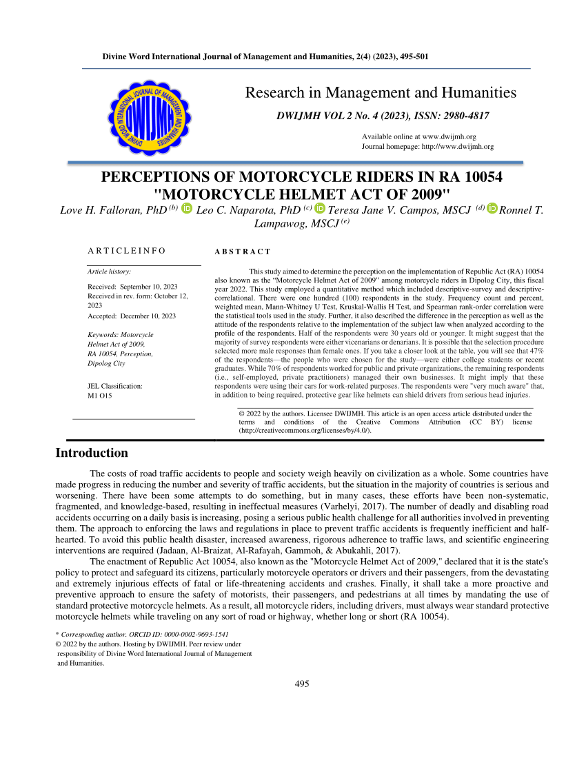 (PDF) PERCEPTIONS OF MOTORCYCLE RIDERS IN RA 10054 "MOTORCYCLE HELMET