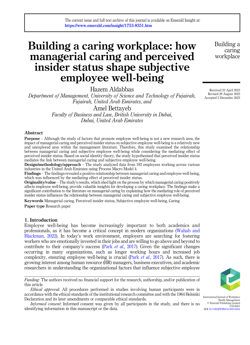 PDF) Building a caring workplace: how managerial caring and perceived  insider status shape subjective employee well-being