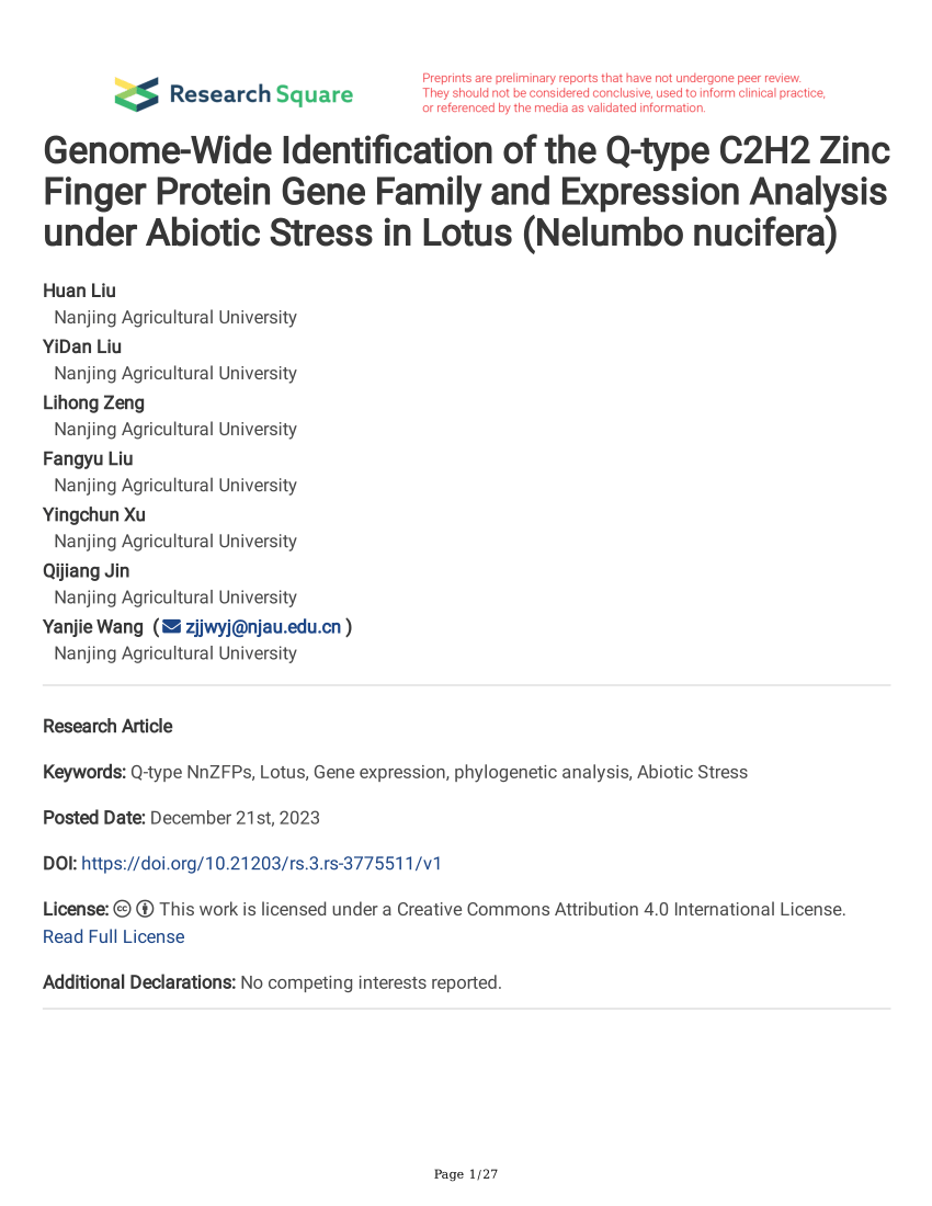 PDF) Genome-Wide Identification of the Q-type C2H2 Zinc Finger 