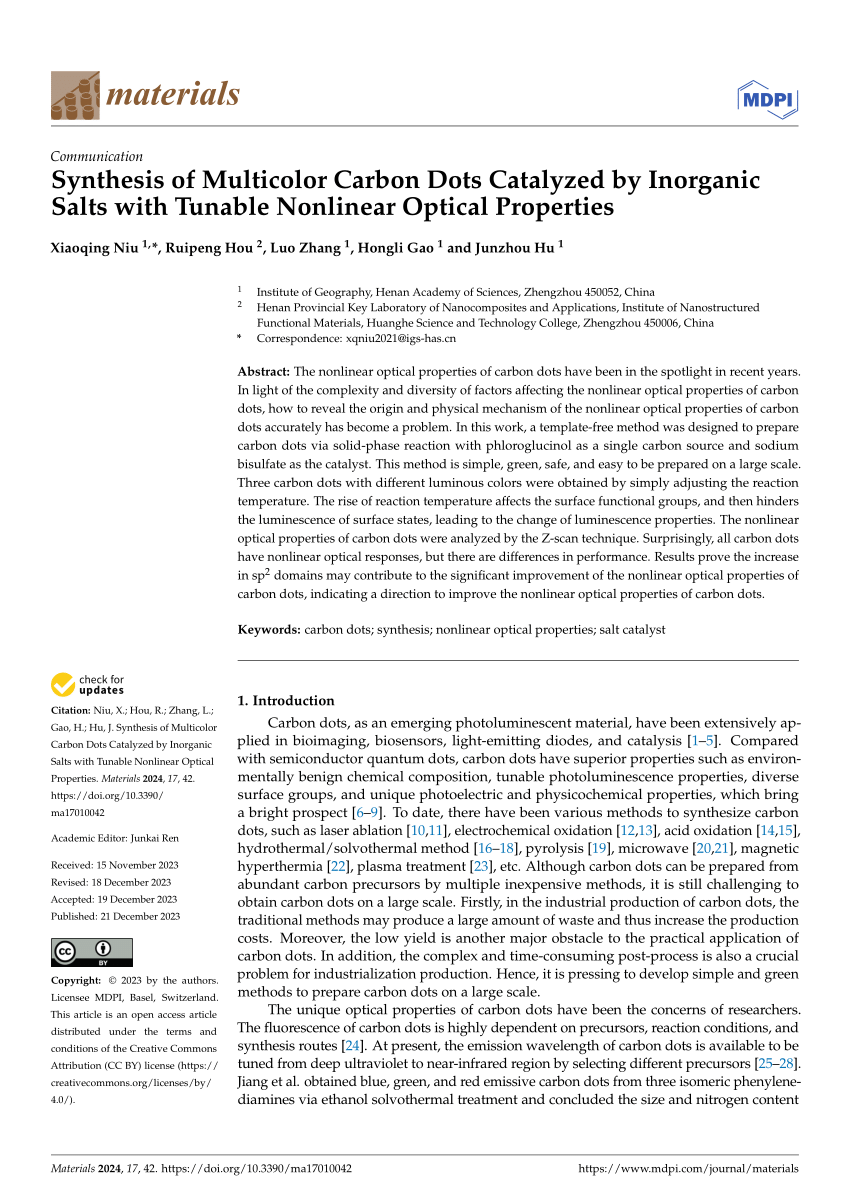 Pdf Synthesis Of Multicolor Carbon Dots Catalyzed By Inorganic Salts With Tunable Nonlinear 3135