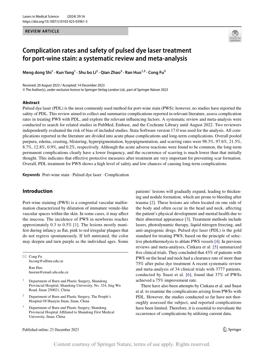 Complication Rates And Safety Of Pulsed Dye Laser Treatment For Port Wine Stain A Systematic 