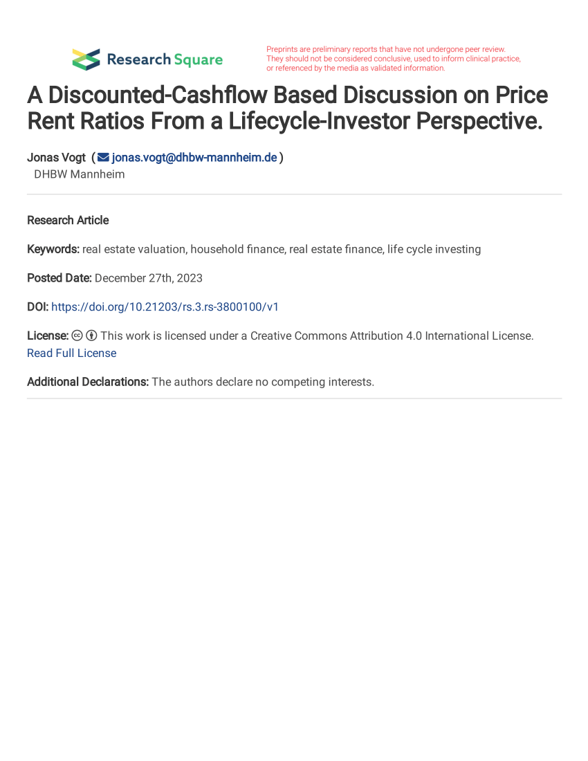 (PDF) A Discounted-Cashflow Based Discussion on Price Rent Ratios From