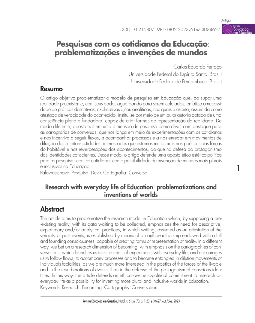 PDF) Pesquisas com os cotidianos da Educação: problematizações e