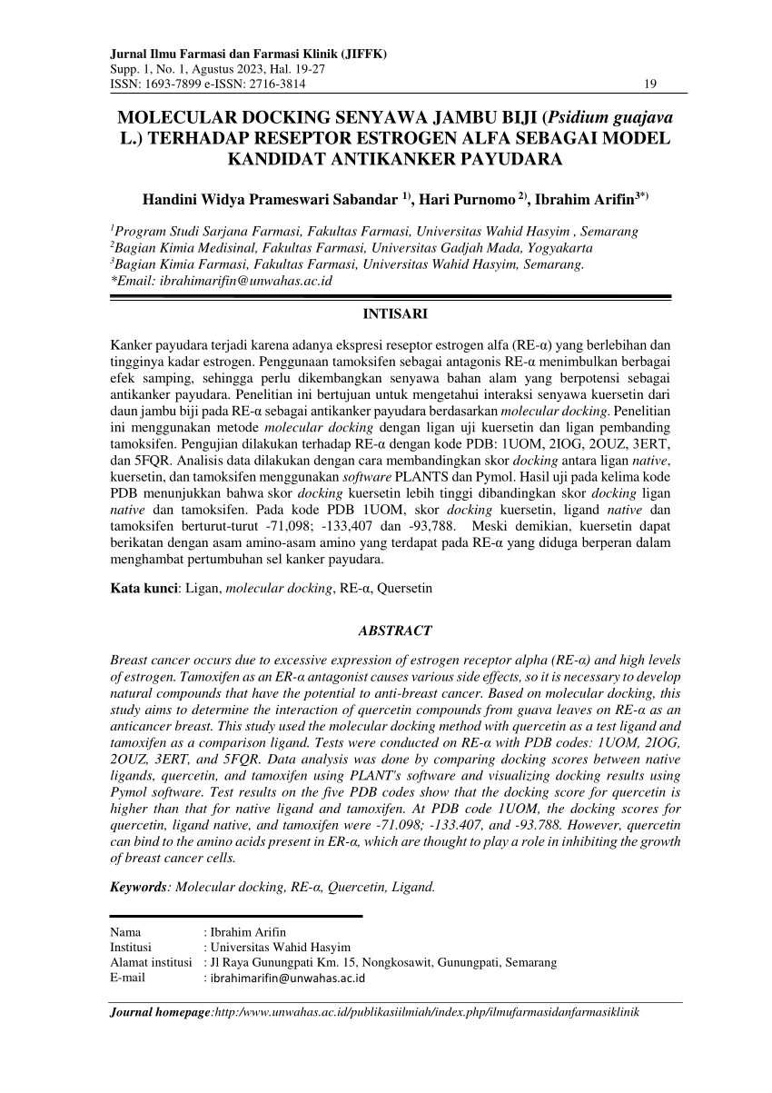Pdf Molecular Docking Senyawa Jambu Biji Psidium Guajava L Terhadap Reseptor Estrogen Alfa 4982