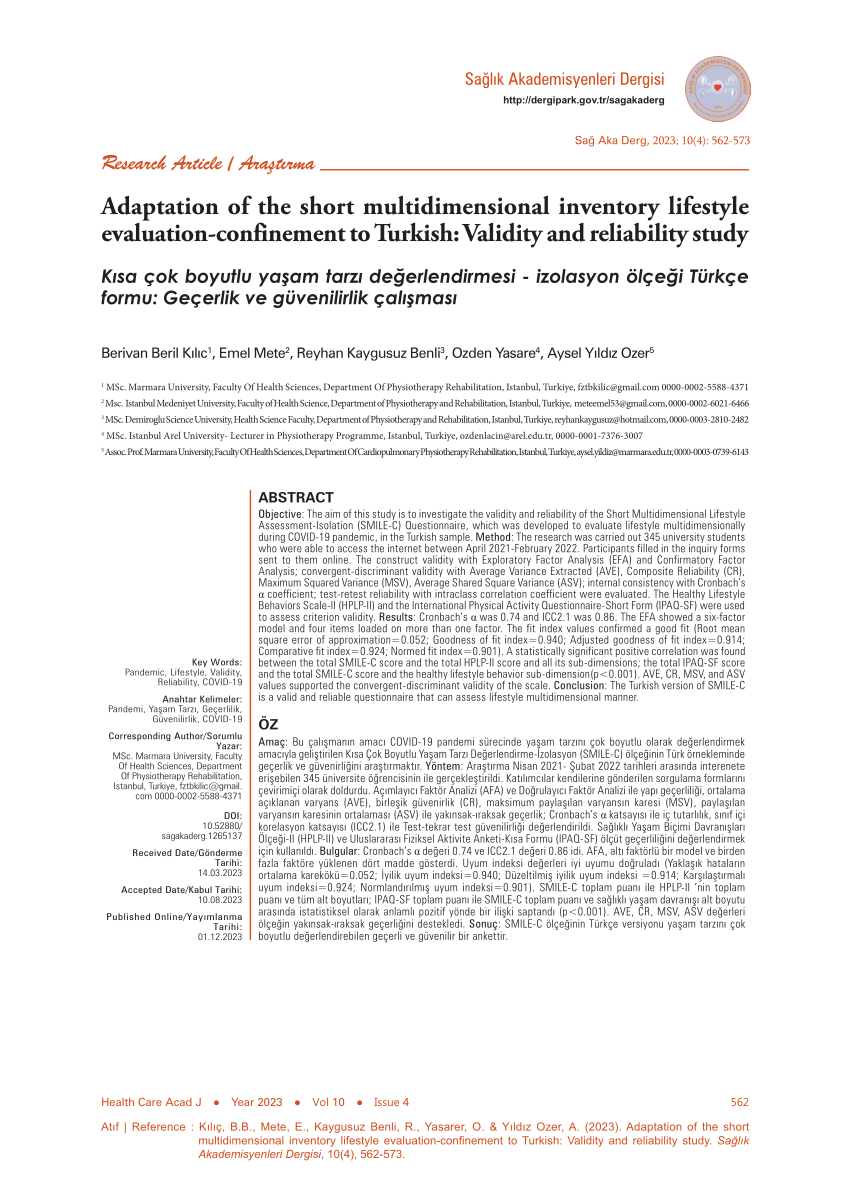 PDF Adaptation of the short multidimensional inventory lifestyle  