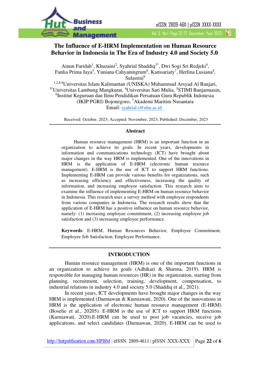 PDF) The Influence of E-HRM Implementation on Human Resource Behavior in  Indonesia in the Era of Industry 4.0 and Society 5.0