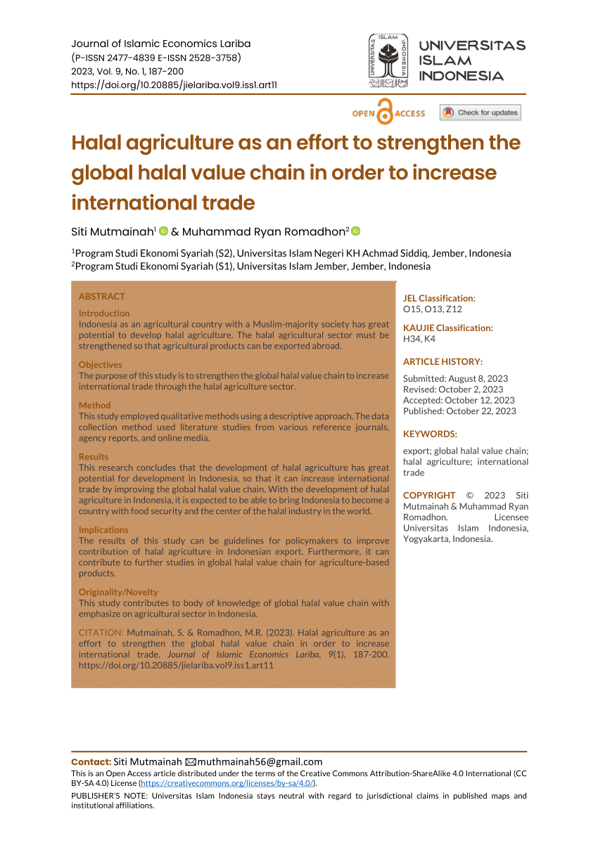 PDF) Halal agriculture as an effort to strengthen the global halal value  chain in order to increase international trade