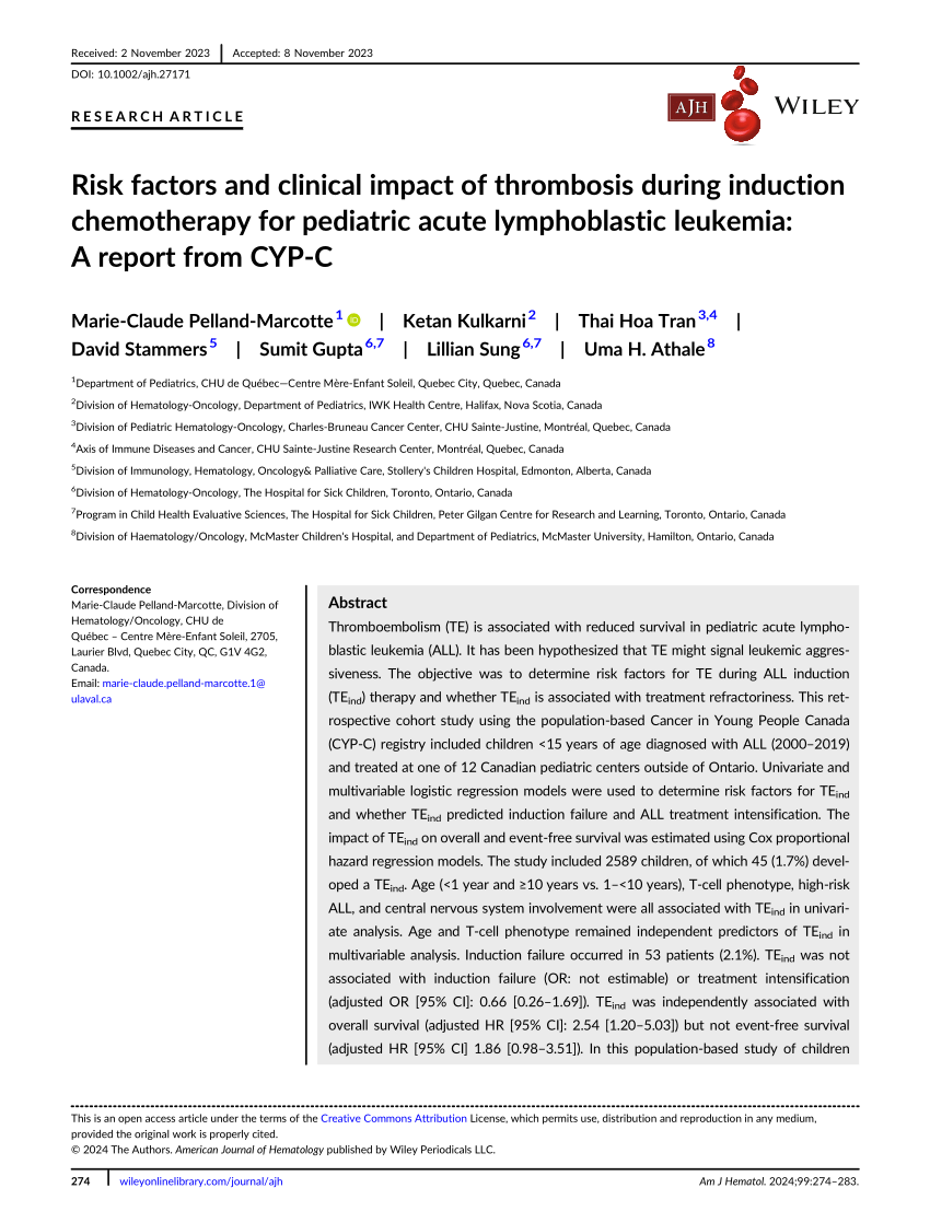 (PDF) Risk factors and clinical impact of thrombosis during induction