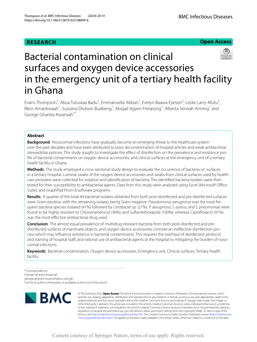 PDF) Bacterial contamination on clinical surfaces and oxygen device  accessories in the emergency unit of a tertiary health facility in Ghana  BMC Infectious Diseases