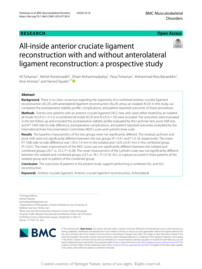 Pdf All Inside Anterior Cruciate Ligament Reconstruction With And Without Anterolateral 7968
