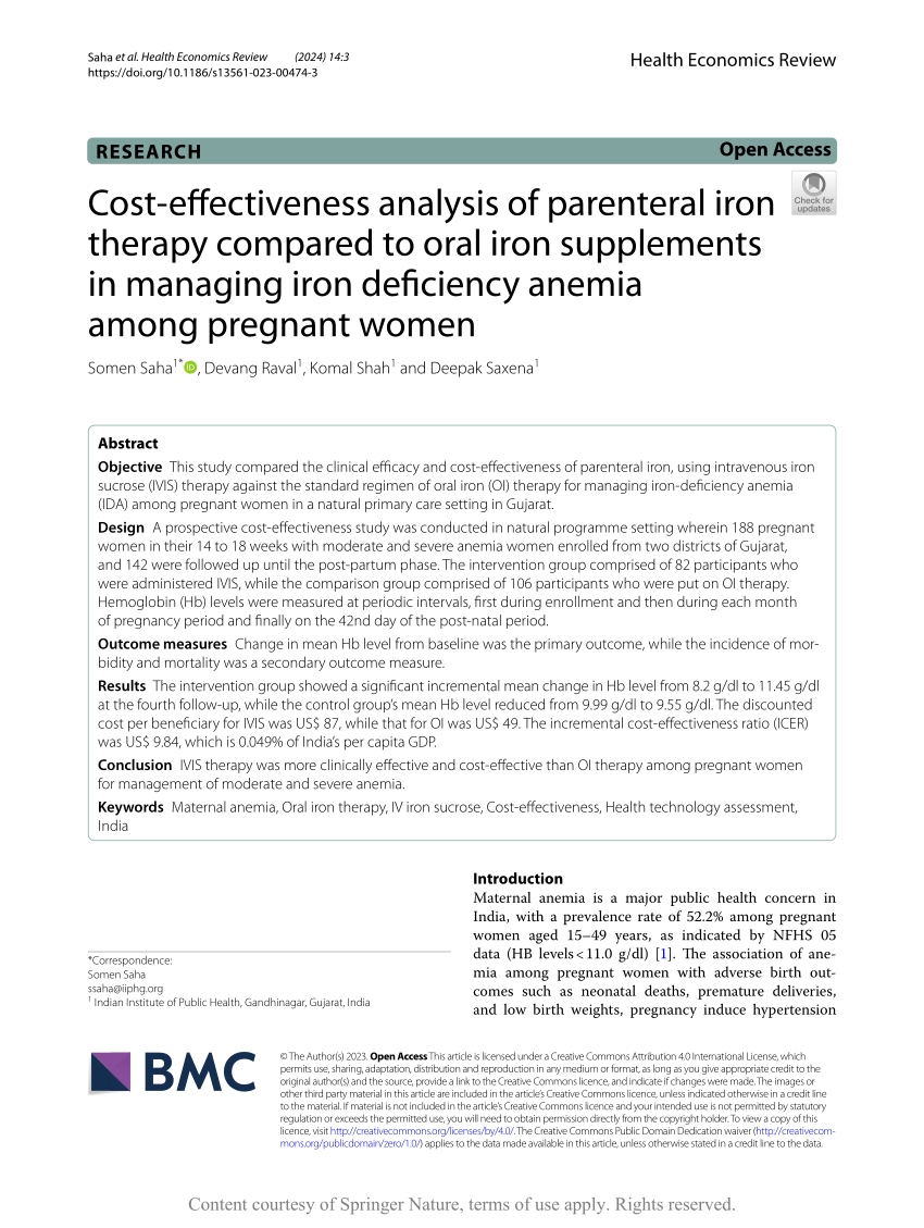 PDF) Cost-effectiveness analysis of parenteral iron therapy compared to oral  iron supplements in managing iron deficiency anemia among pregnant women