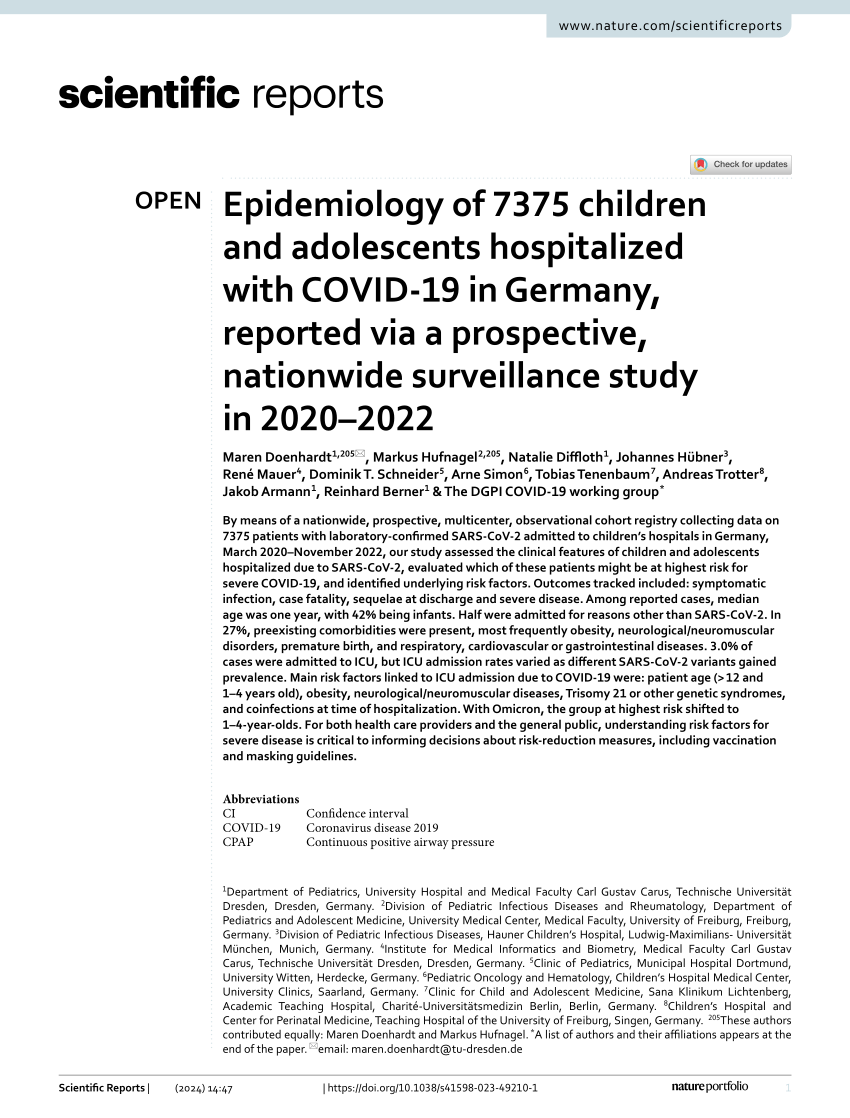 PDF) Epidemiology of 7375 children and adolescents hospitalized with  COVID-19 in Germany, reported via a prospective, nationwide surveillance  study in 2020–2022