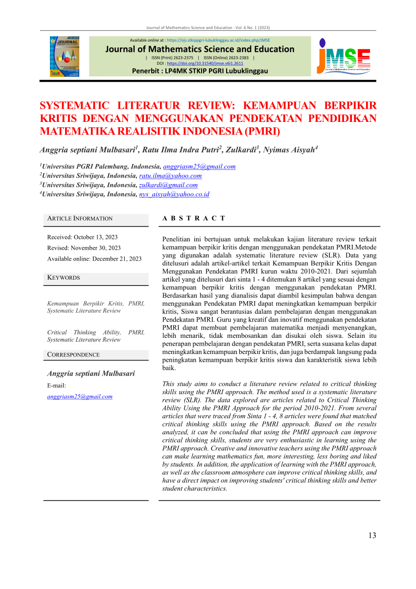 Pdf Systematic Literatur Review Kemampuan Berpikir Kritis Dengan